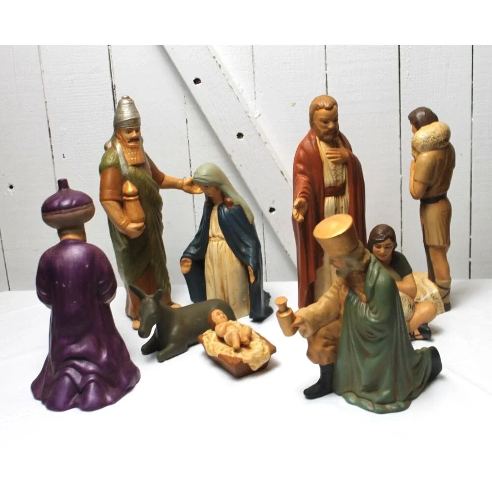 VTG 9pc Nativity Scene Set Ceramic Hand Painted Figures/Animals